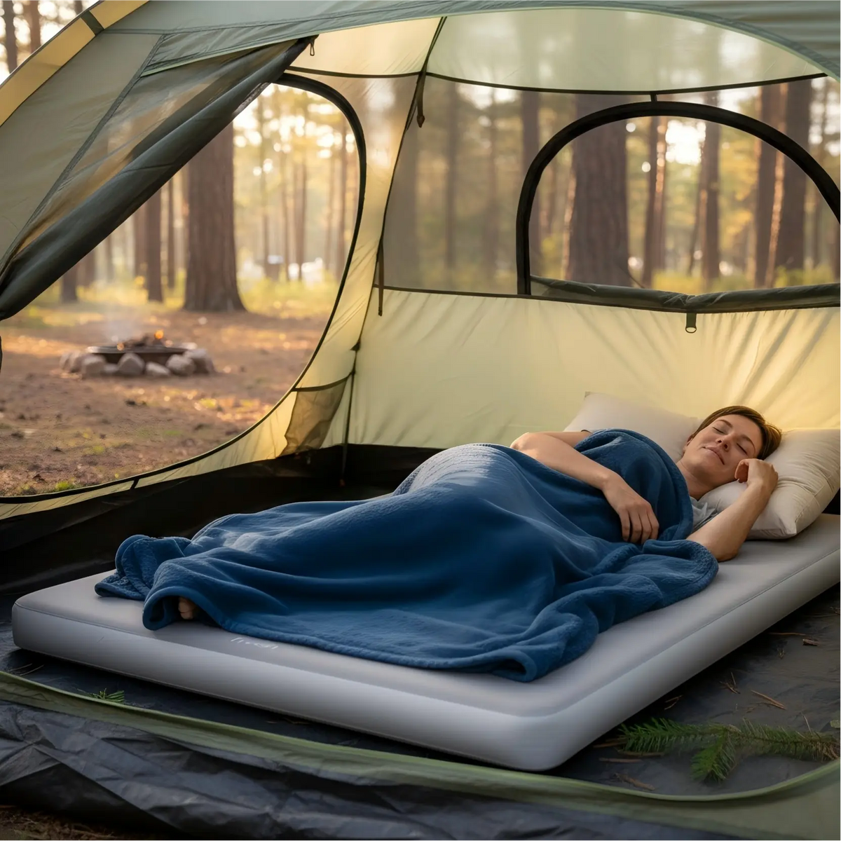 Person lying in a camping tent with a blue blanket in a forest setting