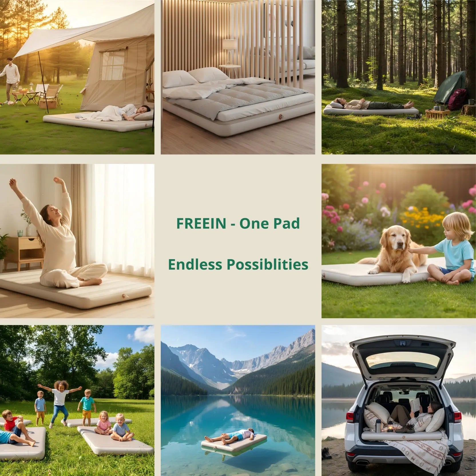 Freein Inflatable Sleeping Pad Double – versatile for camping, home, and travel