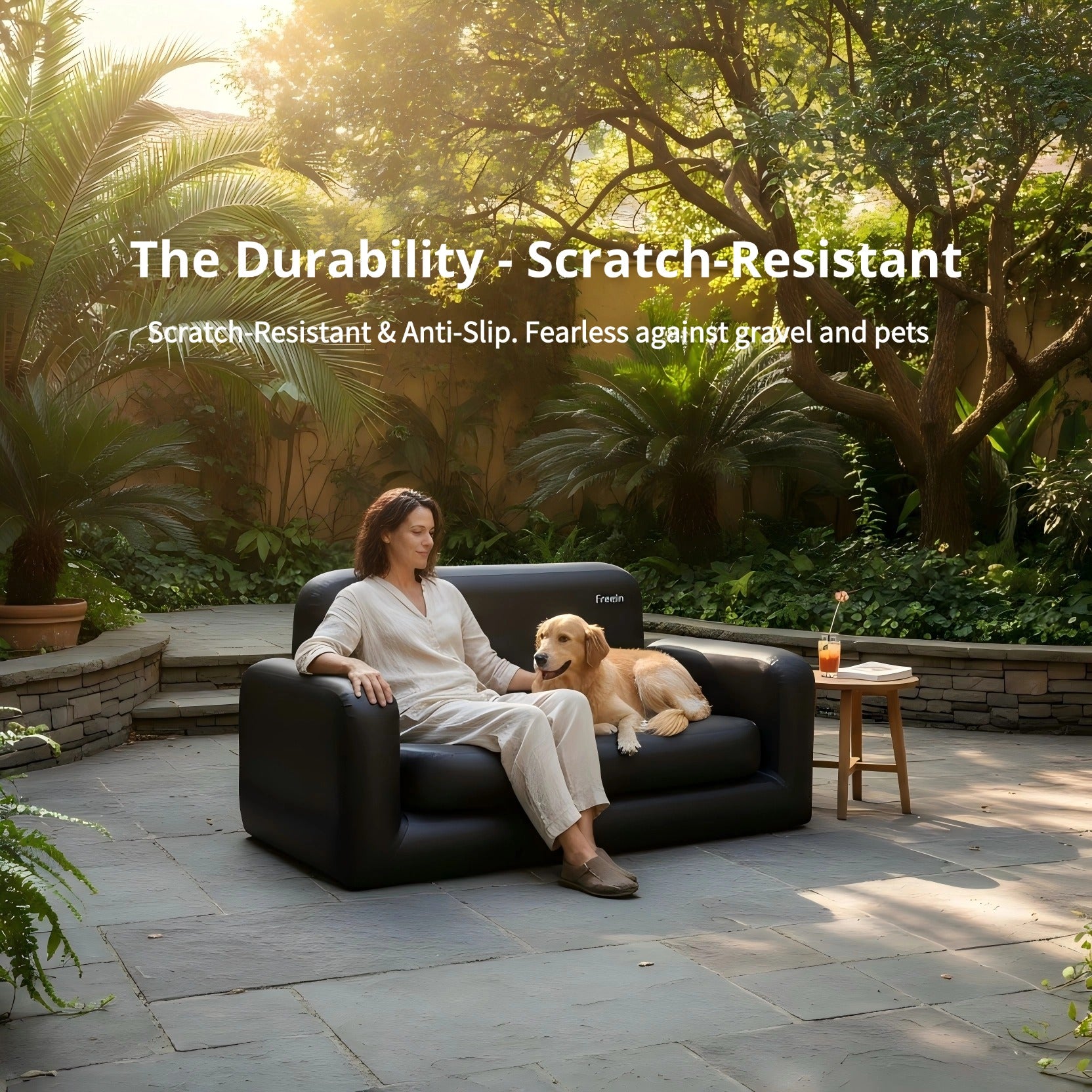 Adult and dog relaxing on FREEIN Inflatable Sofa in outdoor courtyard