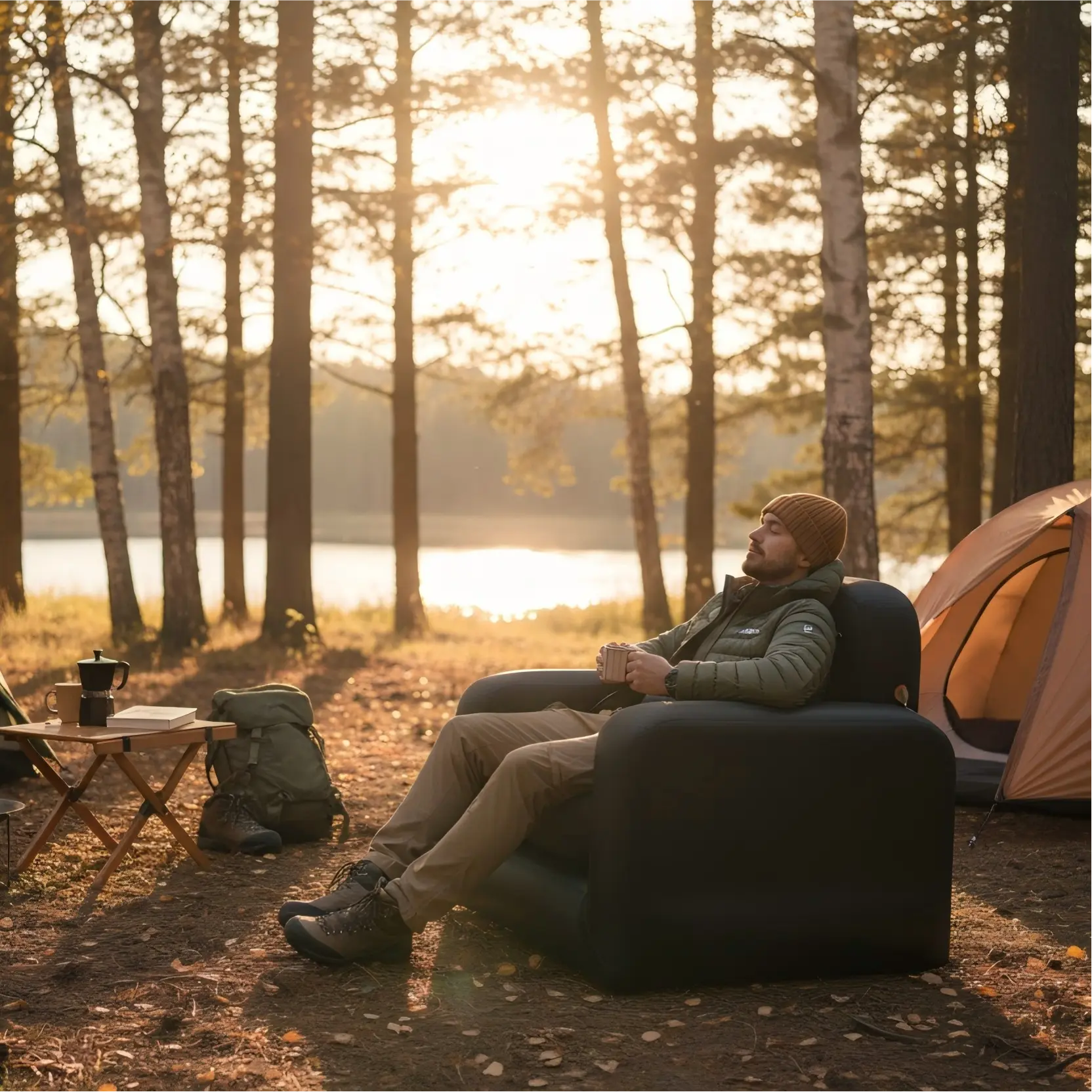 Person sitting on FREEIN Inflatable Camp Sofa Single at outdoor campsite
