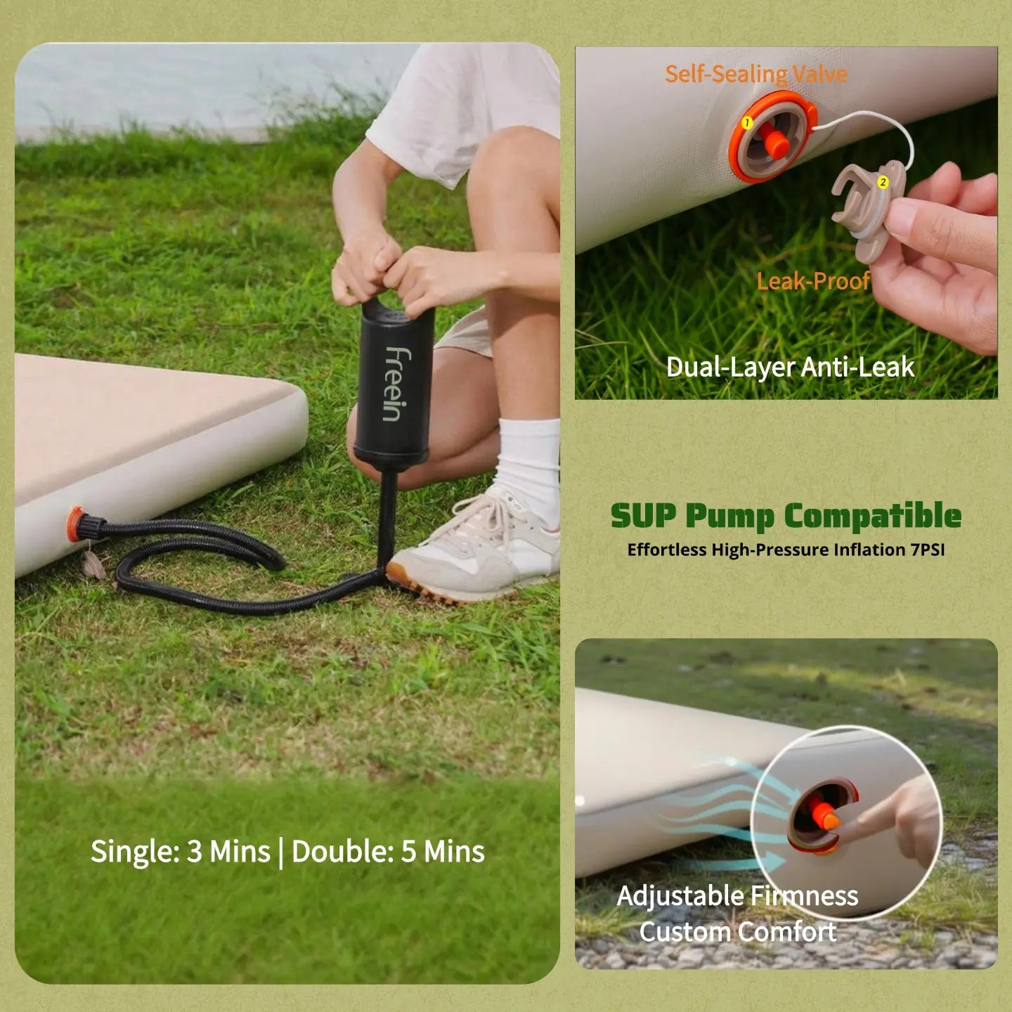 Quick-inflate valve on Freein Inflatable Sleeping Pad for fast setup and deflation